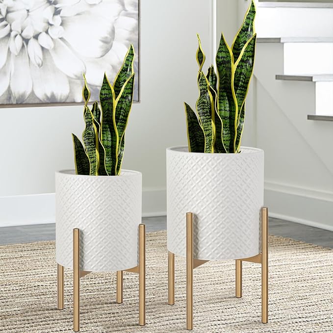 Oakrain Mid Century Planters for Indoor Plants, Metal Plant Set of 2, Modern Decorative Plant Pots for Living Room, Garden, Balcony, Cream White Planters with Glod Plant Stands, 10" & 12"
