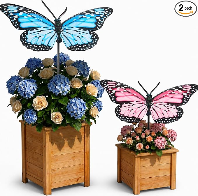 Mixweer 2 Pcs Butterfly Shape Metal Plant Umbrellas for Outdoor Small Plants, 12 in Metal Plant Shade Disk Outdoor Garden Umbrella for Potted Live Decor