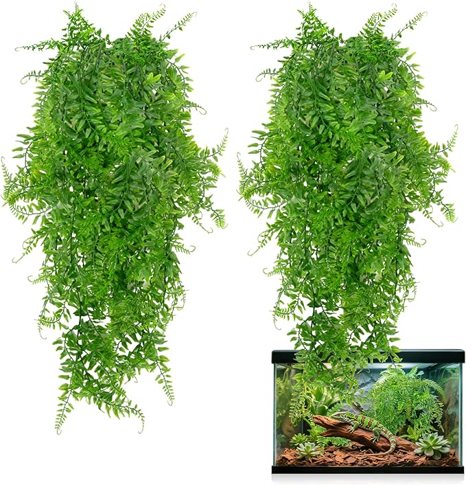 RAINFLOW 2PCS Reptile Plants for Terrarium - Fake Hanging Terrarium Plants, Artificial Boston Fern for Bearded Dragon Snake Geckos Hermit Crab Lizard Chameleon Turtle Reptile Decor(L30 xW5.1)
