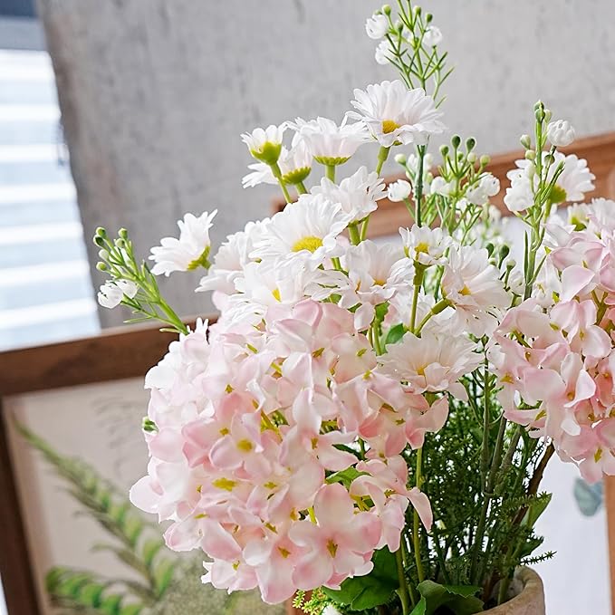 Jahe Faux Hydrangea Flowers Fenterpieces for Tables, Hydrangea Artificial Flowers Mixed Potted Plant, Fake Daisy Mixed Bouquet with Pot, Living Room, Bathroom, Balcony, Light Pink