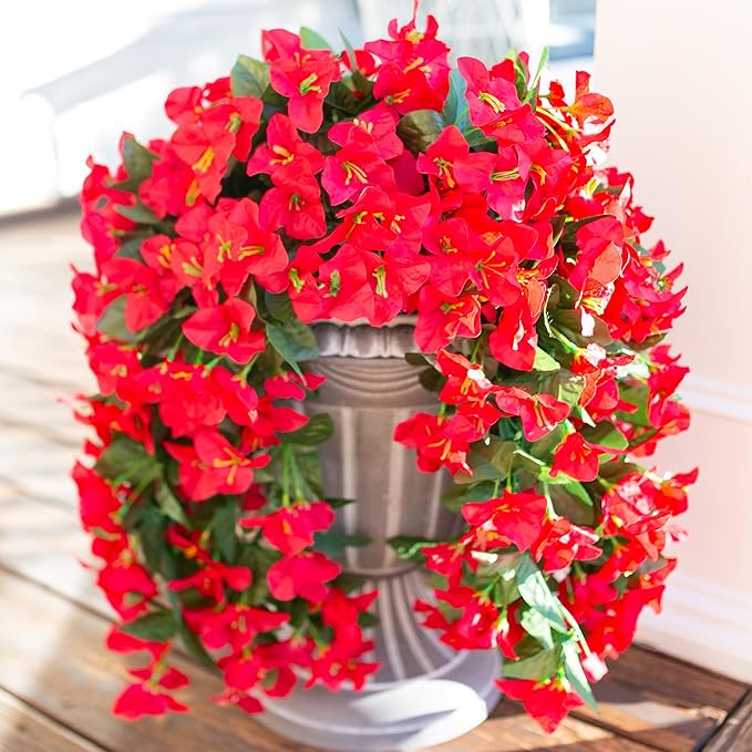 Faux Bougainvillea Artificial Flowers Plants for Outdoor Outside Decoration, 2 PCS Red Fake Flowers UV Resistant Look Real Silk Long Trailing Vines for Front Door Porch Planter Urn Patio Garden Yard
