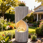 30" H Outdoor Water Fountain with LED Light, S-Shaped Modern Curved Outdoor Fountain, Spiral Column Fountain, Decorative Waterfall Feature with Flat Top Plant Display for Garden, Patio Decor