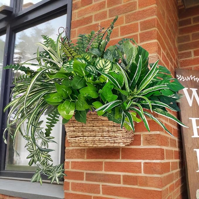 Artificial Plants Faux Greenery for Outdoor Porch Planter, UV Resistant Fake Realistic Large Shrubs Bushes Plastic Green Filler for Spring Outside Front Door Patio Decoration, 8 Bundles