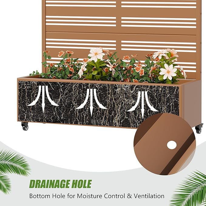 Casaphoria Metal Raised Garden Bed with Trellis and Wheels, 72"x47"x16" Arched Planter Box for Climbing Plants, Vegetables & Vines, Features Drainage Holes and Privacy Screen, Brown-Harold