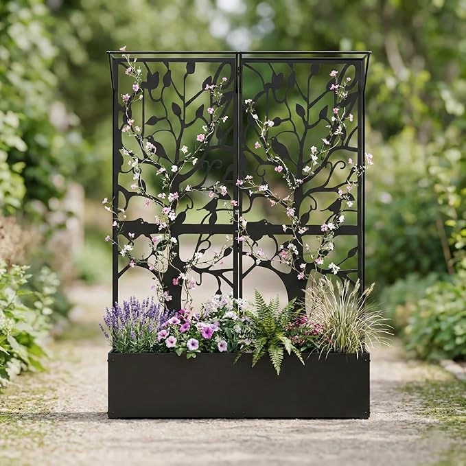 Metal Planter Box with Trellis, Tall Raised Garden Bed for Patio, Outdoor Privacy Planters for Climbing Plants, Vegetables, Fruits, Balcony, Outside, 62.4 x 12.2 x 44.6 Inch, Black