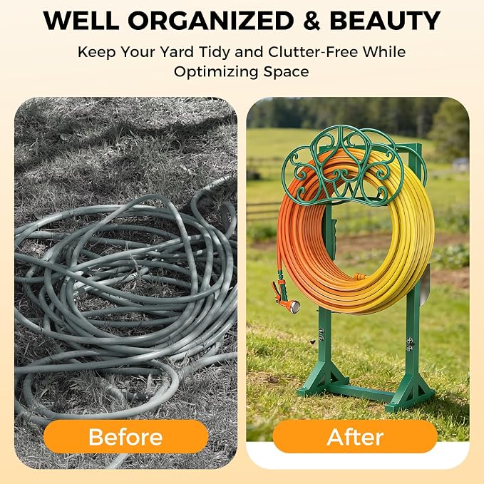 Garden Hose Holder with 2 Tool Hooks Heavy-Duty Freestanding Water Hose Holder Holds 160Ft Hoses, Rustproof Freestanding Hose Stand with 4 Spikes Hose Hanger Storage Rack for Outside, Yard, Lawn