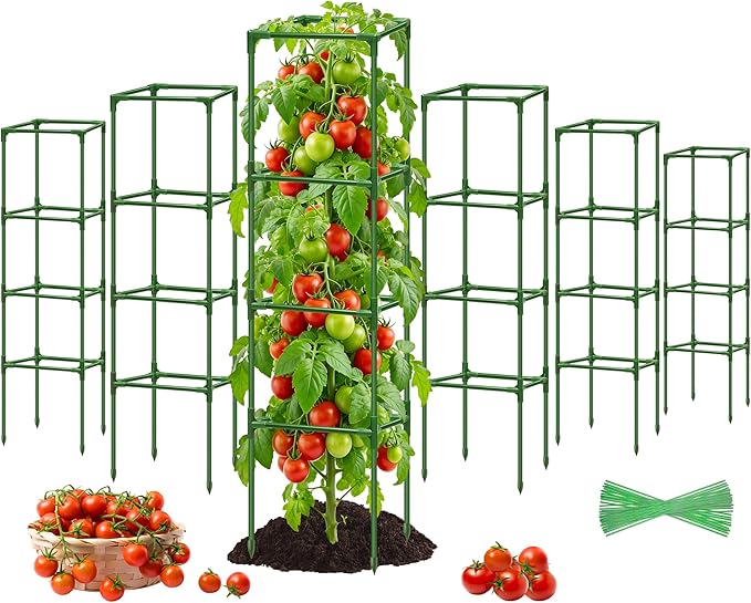 6 Pack Square Tomato Cages for Garden, 60 Inch Adjustable Tomato Stakes, Metal Tomato Trellis, Garden Plant Support for Potted Climbing Plants, Vegetables Flowers Fruits, Raised Garden Bed