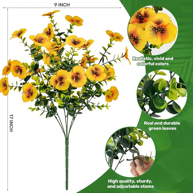 17 Inch Artificial Faux Pansy Flowers for Outdoor,Fake Pansies Flowers with Eucalyptus Leaves Fake Plants Greenery Boxwood Porch Patio Decor 6 Bundles(Light Purple,Pink,Dark Yellow)