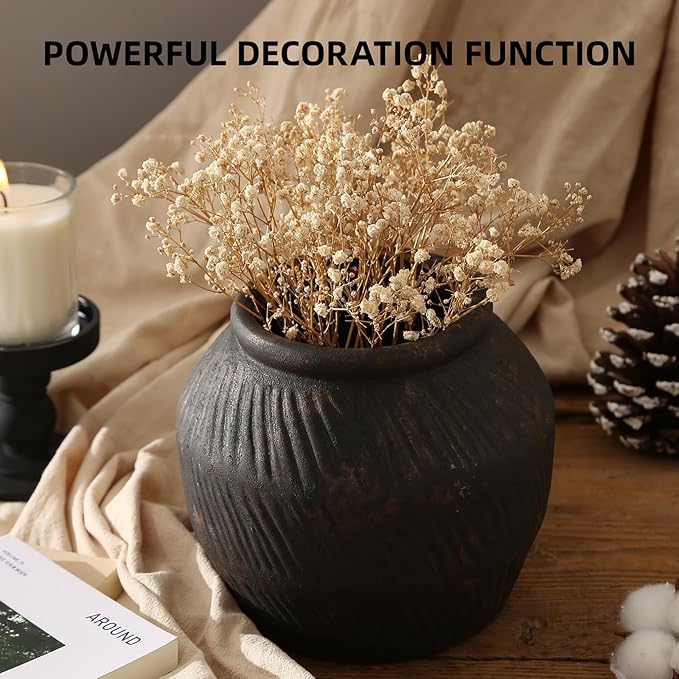 ZSHLXM Farmhouse Ceramic Vase - Black Rustic Vintage Flower Vase for Home, Living Room, Shelf and Dining Table Decor - 7IN