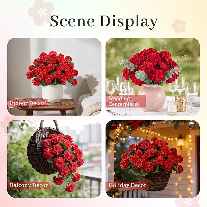 Der Rose 6 Pack Red Artificial Geraniums Flowers for Outdoors UV Resistant Faux Flowers for Outdoor Planters Window Boxes Patio Cemetery Porch Decor