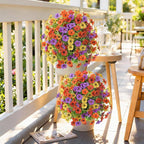 Alupssuc 2Pcs 20" Artificial Topiary Ball Flowers, Spring Outdoor Decoration with Spike, UV Resistant Faux Summer Plants, Faux Bushes Plants, Red Purple Yellow Orange for Garden, Porch Decor