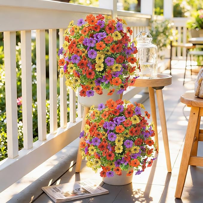 Alupssuc 2Pcs 20" Artificial Topiary Ball Flowers, Spring Outdoor Decoration with Spike, UV Resistant Faux Summer Plants, Faux Bushes Plants, Red Purple Yellow Orange for Garden, Porch Decor