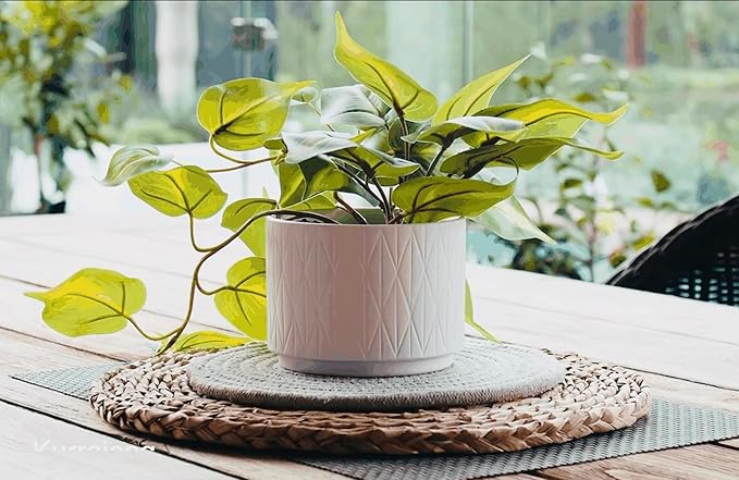 Kurrajong Farmhouse Light Green Fake pothos Plant | Fake Plant for Shelf Decor | Artificial Trailing Ivy Plant with 5" Wide Ceramic Pot | Faux pothos | Feaux Pothos