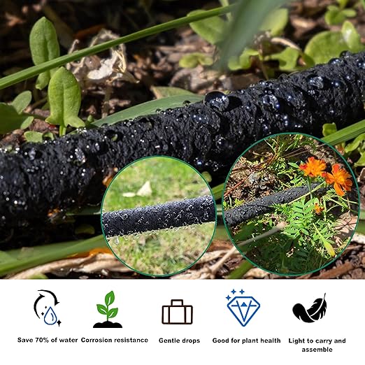 Customizable Soaker Hose System, 1/2inch 50ft Rubber Hose with 25ft PVC Garden Hose, Drip Irrigation Watering Hose with Reinforced Fittings for Flowers Bed Foundation, Lawn, Vegetable, Tree