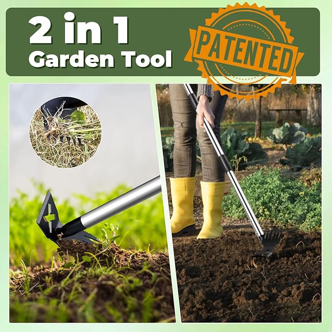 NICOFPHY Weed Puller Tool with Long Handle - 60" Manual Weeder Remover Tool, 2 in 1 Hand Weed Rake and Garden Hoe for Gardening, Heavy Duty Uprooting Weeding Pull for Yard, Lawn, Patio and Garden