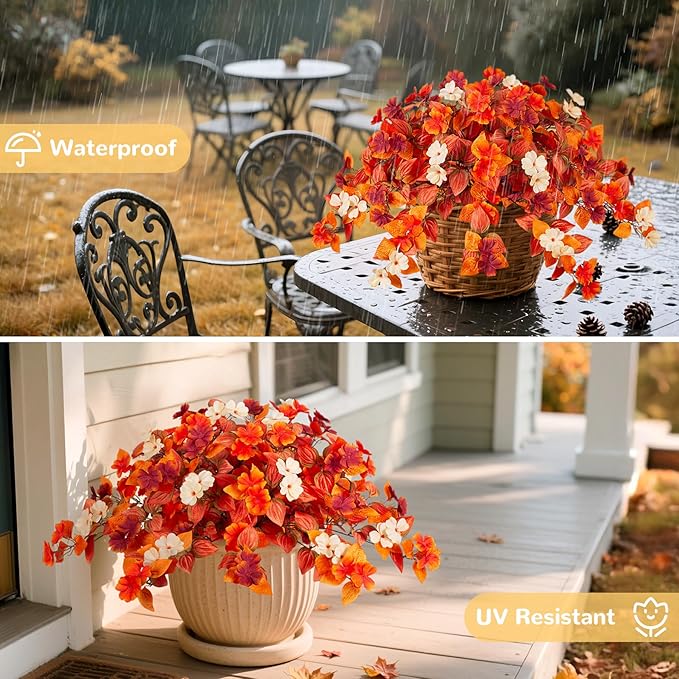INXUGAO Fake Fall Flowers Artificial for Decoration 2PCS Faux Silk Fall Flowers Plants for Outdoors Outside Planters UV Resistant Looks Real for Front Door Porch Patio Garden Decor