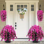 Sggvecsy Artificial Fake Hanging Flowers Plants for Outdoor Outside Spring Summer Decoration 2PCS Faux Silk UV Resistant Realistic Morning Glory Trailing Vines for Home Porch Patio Balcony(Purple red)