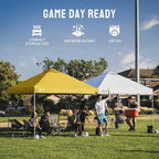 Crown Shades 10x10 Pop Up Canopy - Beach Tent with One Push Setup - Outdoor Sun Shade for Events, Parties, Camping - Gazebo with STO-N-Go Cover Bag, Silver Coated Top, 3 Height& 4 Sand Bags, Yellow