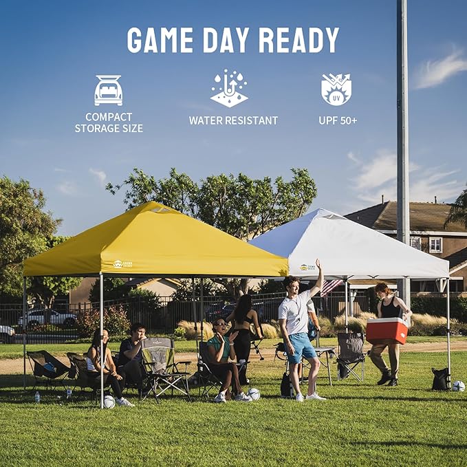 Crown Shades 10x10 Pop Up Canopy - Beach Tent with One Push Setup - Outdoor Sun Shade for Events, Parties, Camping - Gazebo with STO-N-Go Cover Bag, Silver Coated Top, 3 Height& 4 Sand Bags, Yellow