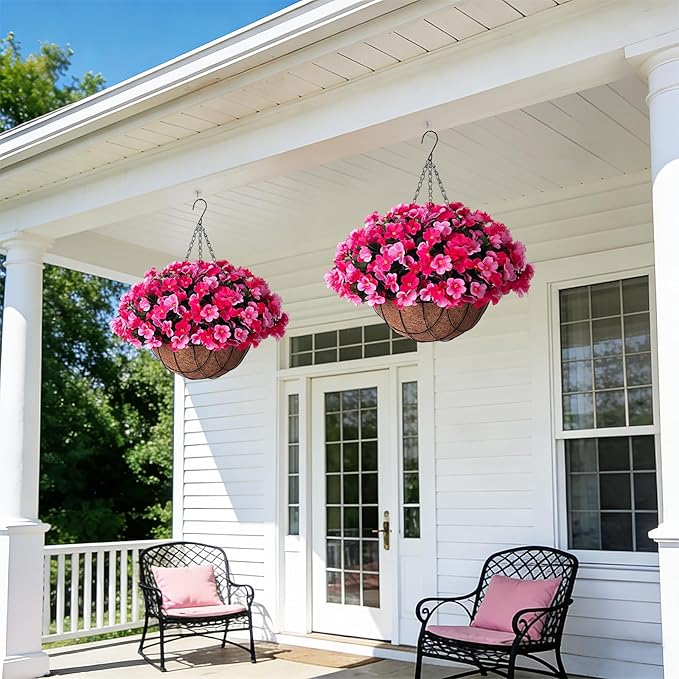 INXUGAO Artificial Hanging Flowers with Basket for Outdoor, Fake Hydrangea UV Resistant Arrangements in Pot Indoor Porch Garden Yard Spring Summer Decor(Double Rose)