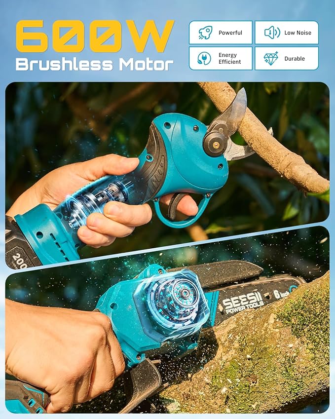 SEESII Mini Chainsaw & Electric Pruning Shears Combo, 6-inch Brushless Handheld Power Chain Saw, 1.2” Cutting Cordless Pruner for Tree Trimming, Tools Kit with 2x2000mAh Batteries, Fast Charger