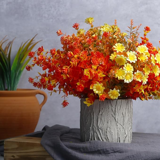 16 Bundles Artificial Fall Mums Flowers Plants Outdoors, Faux Plastic Shrubs Fake Greenery UV Resistant for Garden Patio Decor Window Box Office Hanging Planter Pathway Front Porch (Orange Mixed)