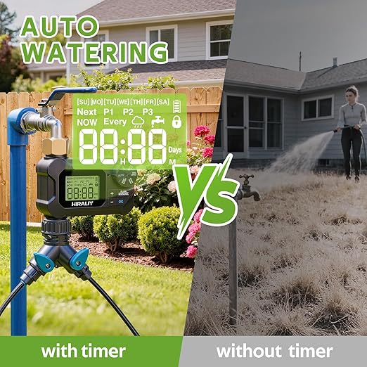 HIRALIY 360° Adjustable Drip Irrigation System 100FT with Timer, 1/4" Tubing and Adjustable Copper Nozzles, Automatic Atomizing Watering Kit for Garden, Yard, Lawn, Greenhouse & Potted Plants
