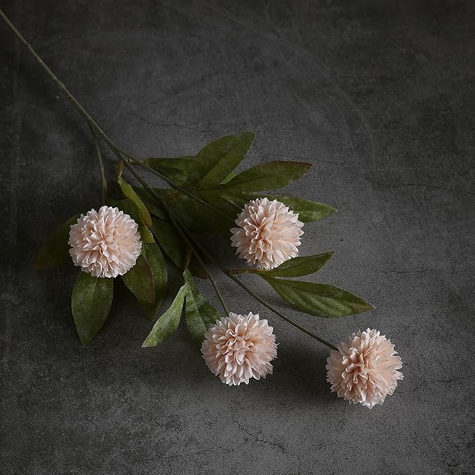 VIERENA 6 Pcs Faux Silk Pompon Mum Artificial Flowers for Vase -27", Bulk Fake Chrysanth Branches with Stems for DIY Bouquet Centerpieces Wedding Fillers Arrangements Shower Decorations (Beige)