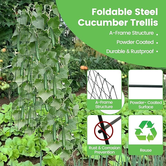 Foldable Cucumber Trellis 64" H x 20" W, A-Frame Garden Trellis for Raised Bed, Outdoor Climbing Plant Support with Twist Ties & Plant Bags for Climbing Plants Outdoor