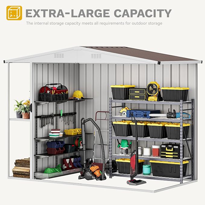 DWVO Outdoor Storage Shed 8x4FT with Rack, Metal Garden Shed with Storage Shelves, Bike Storage Tool Cabinet Box for Lawn Backyard Patio Use, Brown