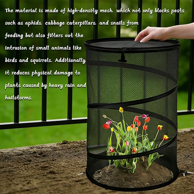 2 Pcs Pop Up Mesh Plant Protectors, 21 x 13 Foldable Garden Cover, Specifically Designed for Outdoor Vegetables, Seedlings & Flowers, Animal Barrier Cloches with Stakes (Black)