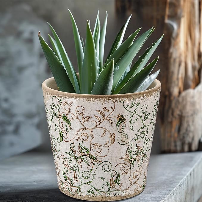 Beeveer Farmhouse Ceramic Planter 5.5 Inch Large Plants Pot Ice Crack Beige Green Floral Vines Plant Pots with Drainage Hole Indoor Plants Kitchen Rustic Antique Decor Gift
