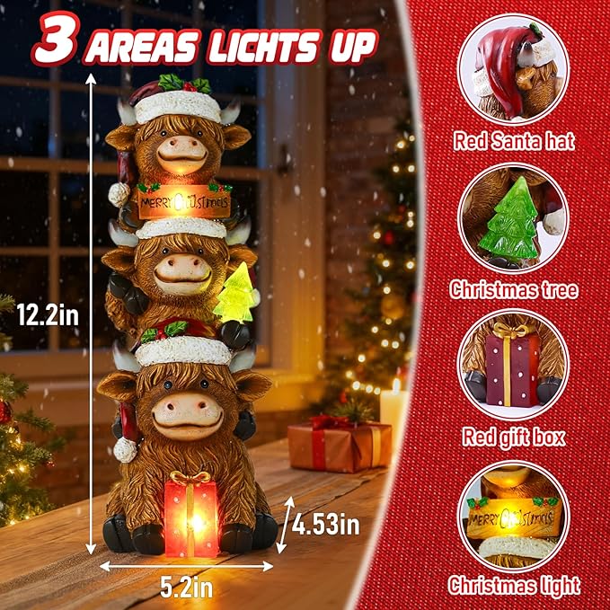 twinbling Christmas Highland Cow Decor with Solar Light Triple Highland Cow Christmas Decorations Gifts for Women Mom Funny Highland Cows Garden Statues for Garden Patio Lawn Yard Decor