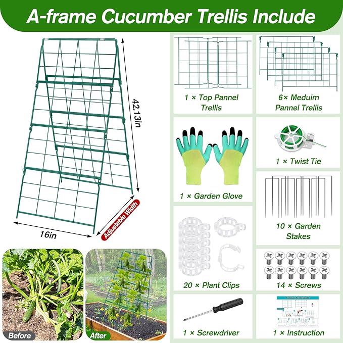 Cucumber Trellis for Raised Bed A Frame Metal Garden Trellis for Climbing Plants Outdoor, 42 x 16IN Foldable Coated Steel Cucumbers Trelli, Easy to Install Cucumber Trellis for Vegetable Fruit