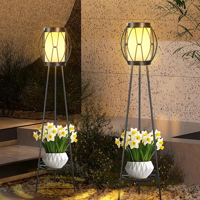 Solar Powered Tripod Floor Lamp with Plant Stand - 36in Outdoor Patio Garden Yard Deck Porch Lighting Decor, Waterproof Solar Light for Backyard Balcony Pathway(2 Pack)