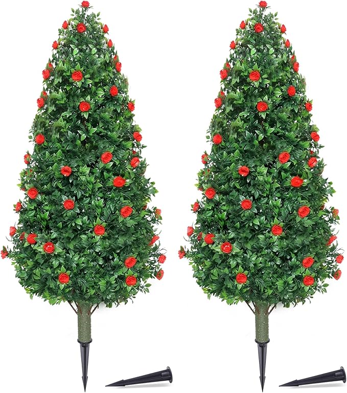 PATIO CHOICE 3ft Artificial Topiary Trees with Rose Set of 2 Outdoor Faux Plants Realistic Faux Bushes and Shrubs Decorations for Outdoor Front Porch Garden (Rose, 36in)