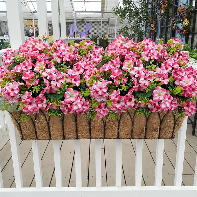 Artificial Geranium Flowers for Outdoor Decoration, 6 Bundles UV Resistant Silk Geranium Fake Plants Faux Flowers for Front Porch Garden Patio Window Box Outside Indoor Decor (Pink)