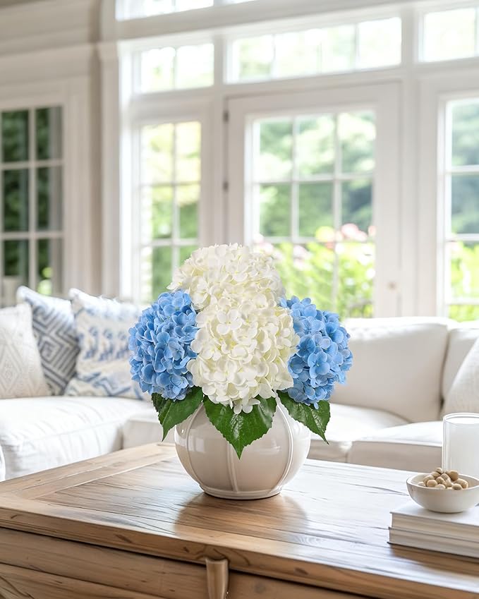 DuHouse 4Pcs Large Hydrangea Artificial Flowers,20 inch Latex Real Touch Hydrangeas for Home Wedding Bouquets Centerpieces Party Living Room Decoration(2Pcs Blue+2Pcs White)
