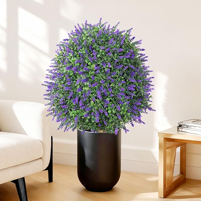 26'' Artificial Boxwood Topiary Trees with Lavender Flowers 2 Pack Fake Plants for Outdoor Indoor Artificial Shrubs with Metal Ground Spike UV Resistant Fake Bushes for Front Porch Garden, White