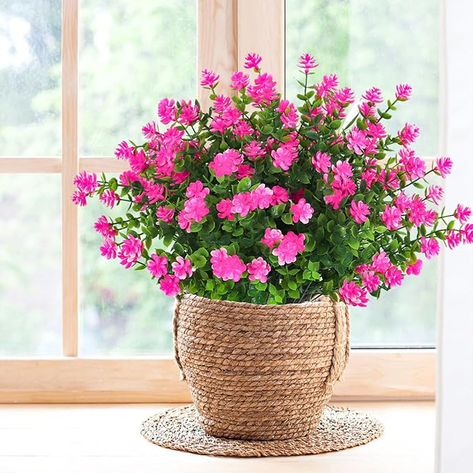 RECUTMS Faux Flowers Artificial Plants & Flowers Boxwood Springs Artificial Outdoor Flowers UV Resistant Boxwood Greenery Artificial Uv Resistant Outdoor Plants Fake Greenery Stems(Pink)