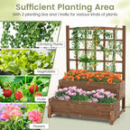 2-Tier Raised Garden Bed with Trellis, Wooden Elevated Planter Box with Legs, Hemp Rope & Drainage Holes, Raised Plant Bed for Backyard, Garden, Lawn