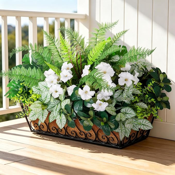 Hrobek Outdoor Faux Plants UV Resistant - 8 Bouquets Realistic Artificial Eucalyptus Fern Morning Glory Greenery for Patio Garden Front Porch Decor Weatherproof Fake Plants for Outside