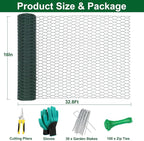 32.8Ft x 16In Plant Protectors from Animals, Wire Plant Protector Cage, Metal Chicken Wire Fence for Garden Plant Protection Guards from Rabbits Squirrel Deer, with Stakes, Zip Ties, Gloves & Pliers