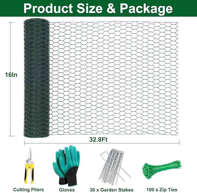 32.8Ft x 16In Plant Protectors from Animals, Wire Plant Protector Cage, Metal Chicken Wire Fence for Garden Plant Protection Guards from Rabbits Squirrel Deer, with Stakes, Zip Ties, Gloves & Pliers