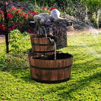 FANTASK 2 Tier Barrel Waterfall Fountain, Outdoor Barrel Water Fountain with Hand Pump Rustic Solid Wood Construction, Outside Cascading Waterfall Fountain for Garden, Backyard, Patio, Porch, Yard