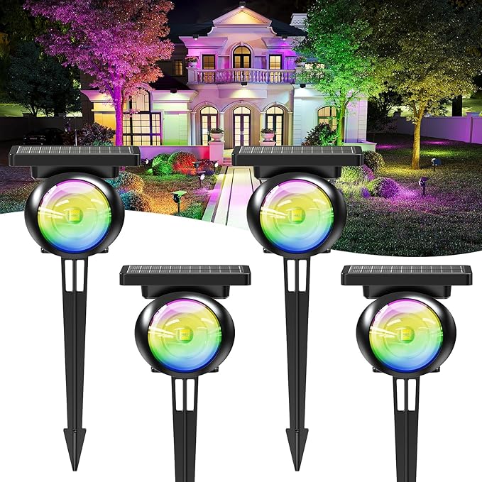 Monocular Solar Spot Lights Outdoor Waterproof, RGB+3CCT Solar Tree Spotlight, Bright Solar Uplights for Halloween Decorations Outdoor, Multicolor Garden Yard Landscape Path Lights [4Pack]