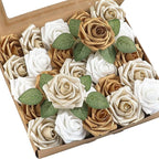 Floroom Artificial Flowers 25pcs Real Looking Gold & Champagne Gold Foam Fake Roses with Stems for DIY Wedding Bouquets Bridal Shower Centerpieces Floral Arrangements Party Tables Home Decorations