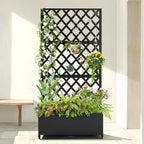Metal Raised Garden Bed with Diamond Lattice Trellis, Outdoor Planter Box for Climbing Plants Vegetables Vines, Galvanized Garden Box with Drainage Holes and Wheels, Black (35.4"L x 16.7"W x 73.2"H)
