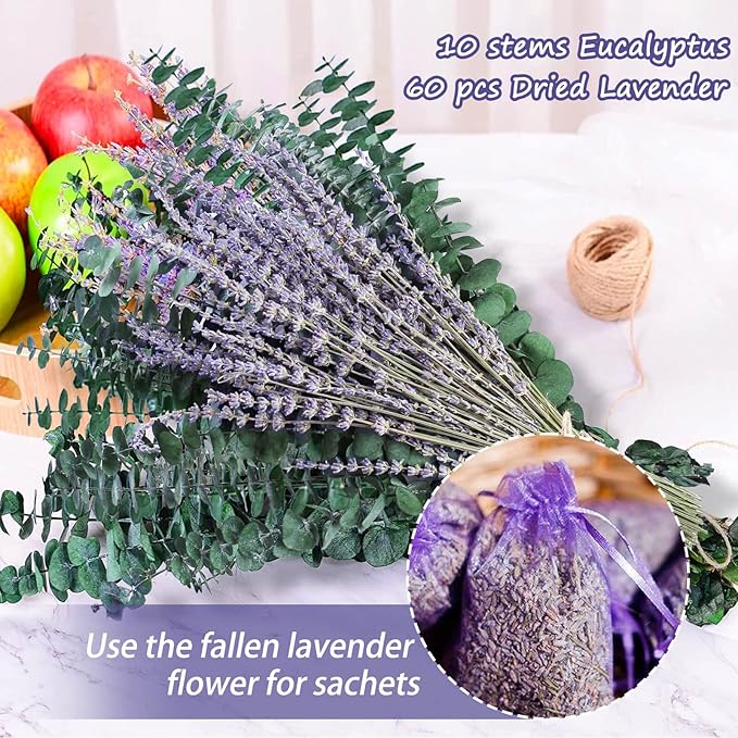 70PCS Preserved Eucalyptus Stems & Dried Lavender Bundles for Shower, 17'' Natural Real Live Eucalyptu Leaves Greenery Hanging Lavender Flowers Shower Plant, Fragrance, Vase Decor