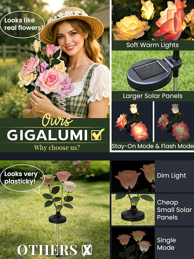 GIGALUMI Solar Lights Outdoor for Garden Decor, 3 Pack Solar Flower Lights Waterproof, 2 Lighting Modes 9 Roses for Pathway,Yard, Patio Decoration, Gardening Gifts for Women (Multi-Colored)